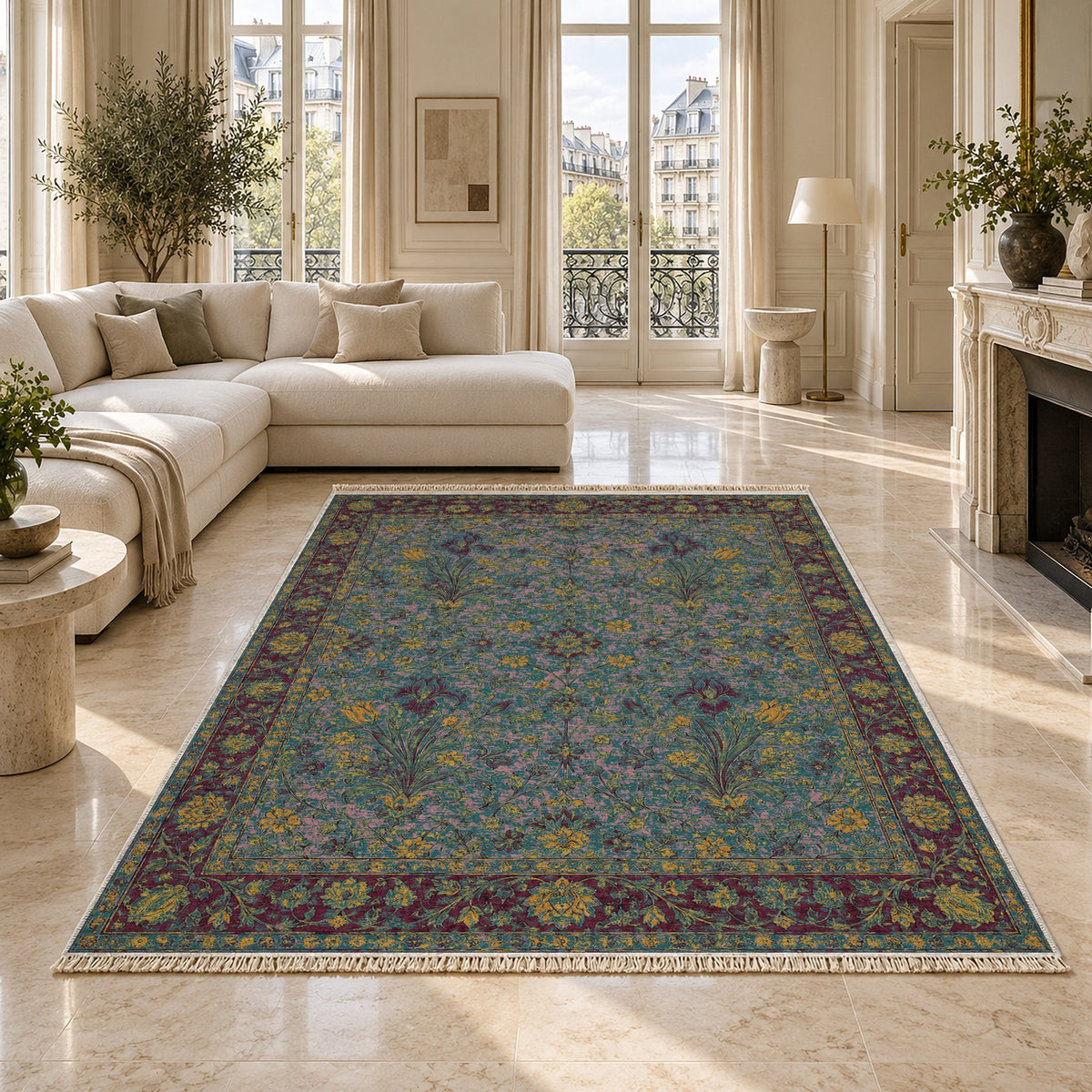 Marble Bouquet Burgundy & Teal washable rug on a marble floor