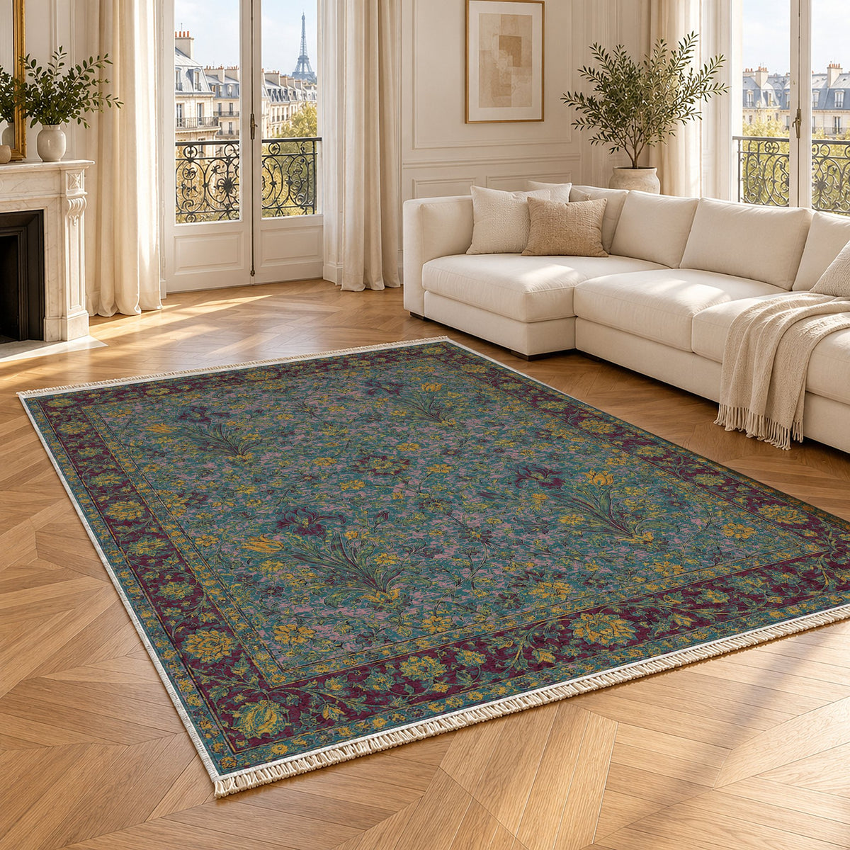 Marble Bouquet Burgundy & Teal washable rug angled room view
