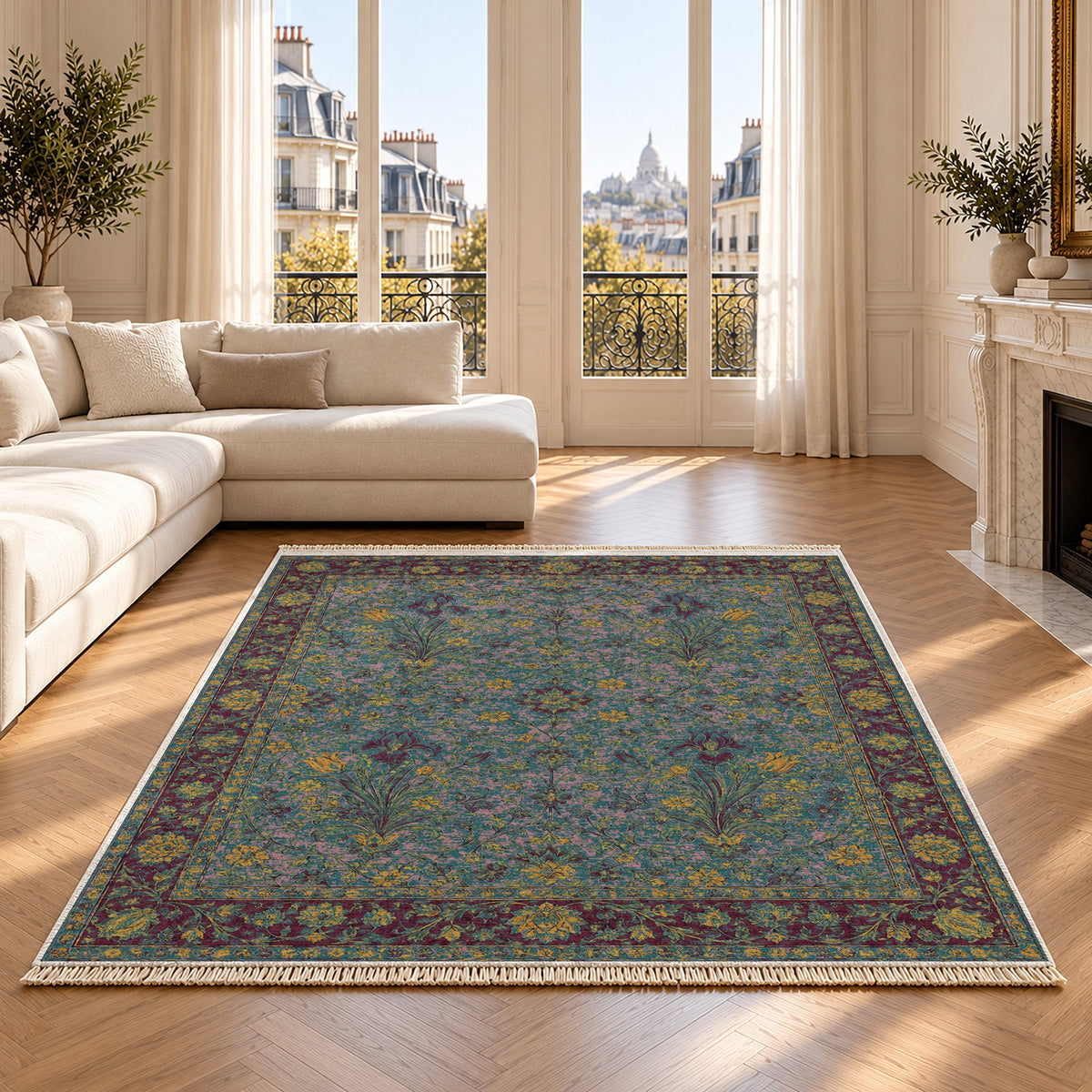 Marble Bouquet Burgundy & Teal washable rug on an oak floor