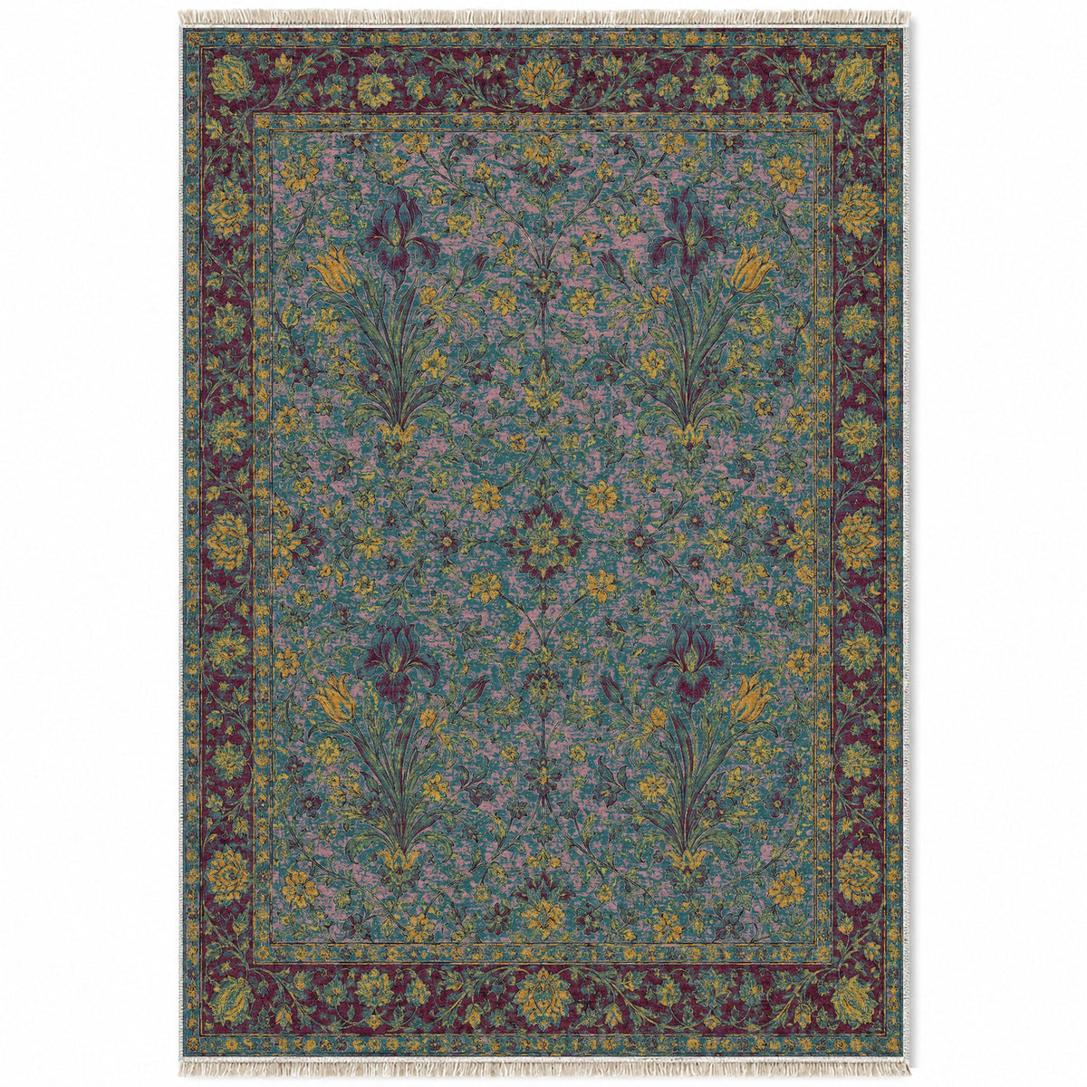 Marble Bouquet Burgundy & Teal washable rug top view