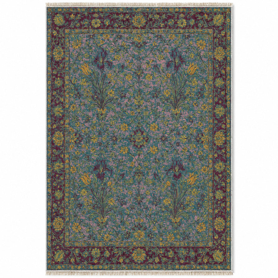 Marble Bouquet Burgundy & Teal Mughal Washable Rug