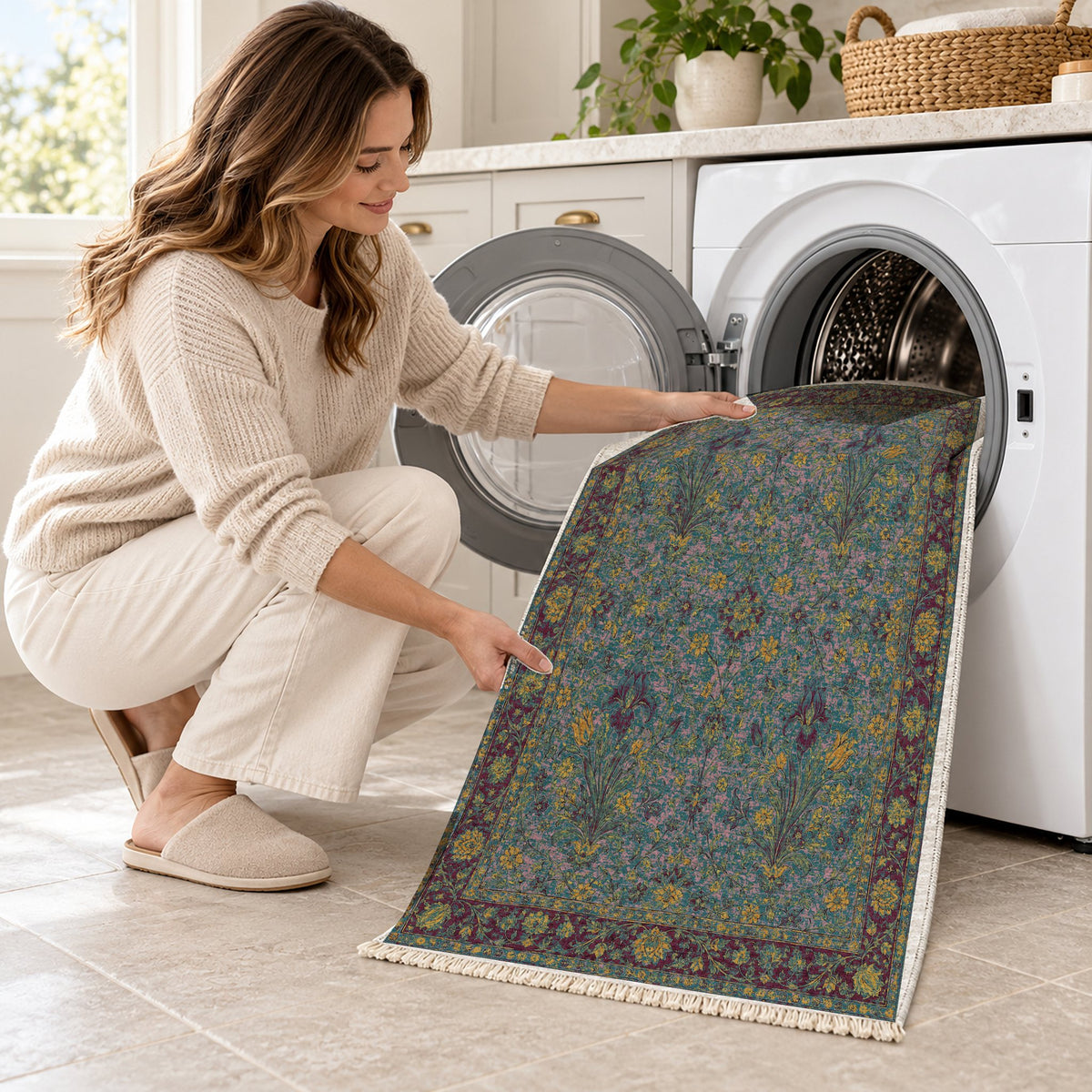Marble Bouquet Burgundy & Teal washable rug being loaded into a washing machine