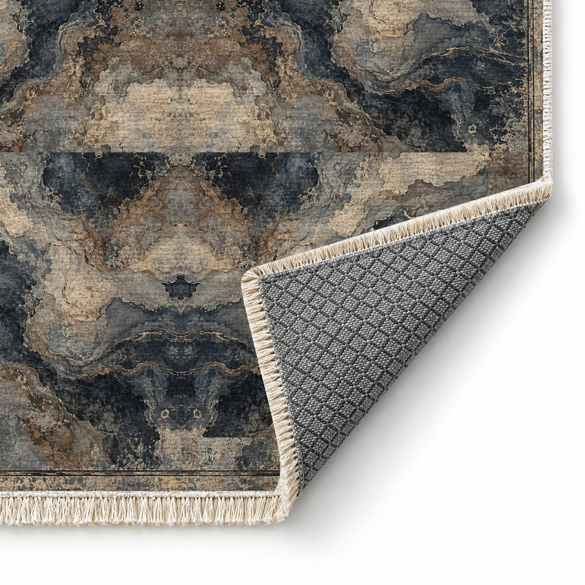Marble Nocturne Quiet Neutral washable rug folded corner showing the backing