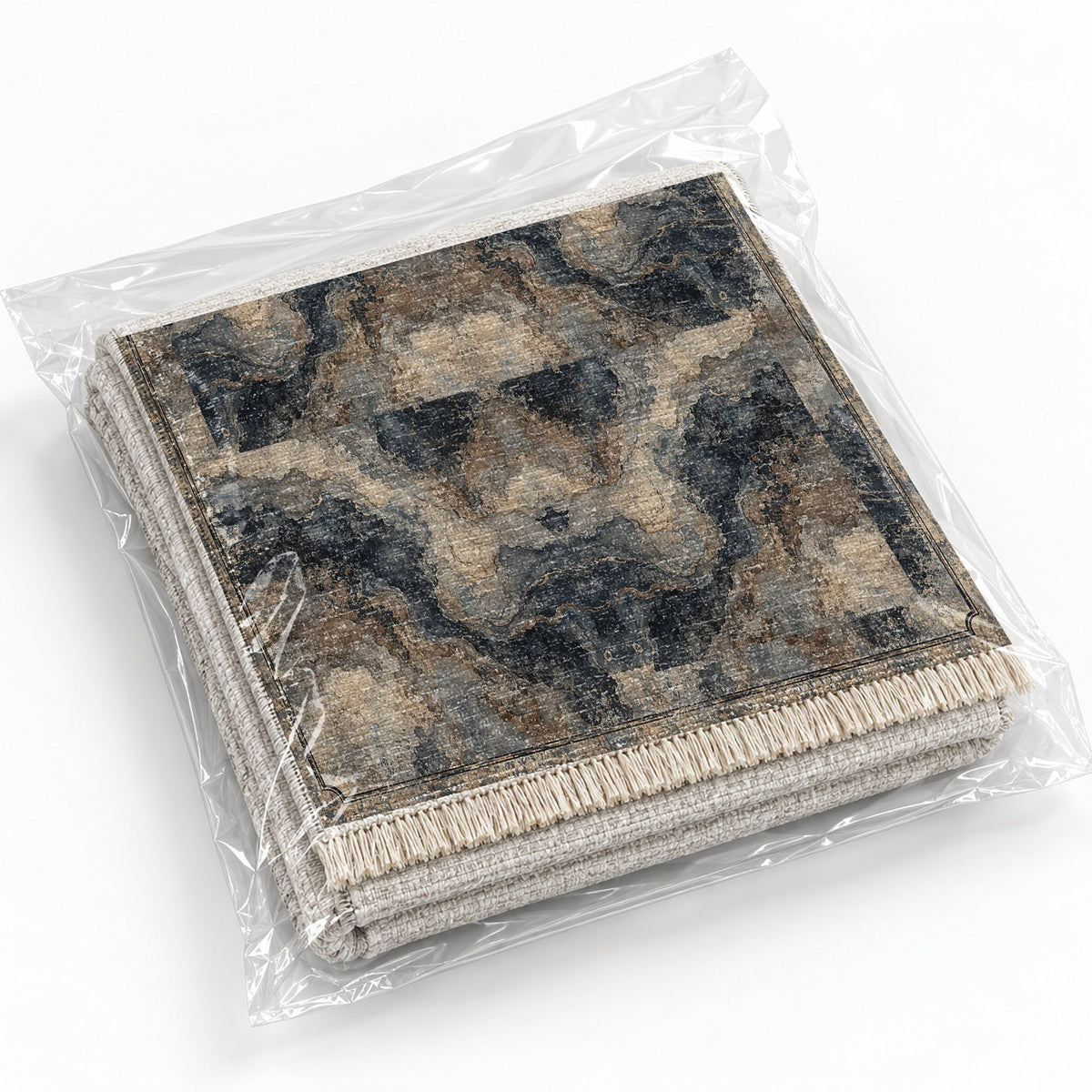 Marble Nocturne Quiet Neutral washable rug rolled and packaged