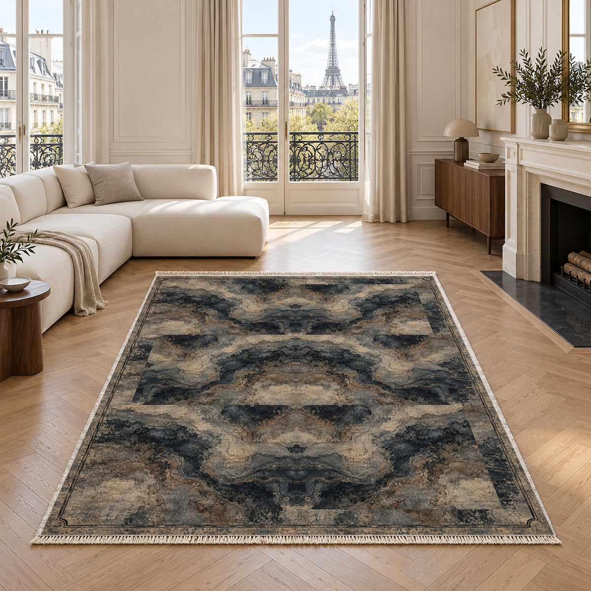 Marble Nocturne Quiet Neutral washable rug in a living room with an Eiffel Tower view