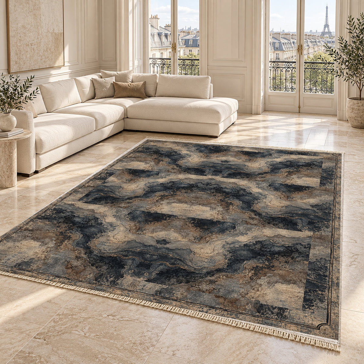 Marble Nocturne Quiet Neutral washable rug angled room view on marble