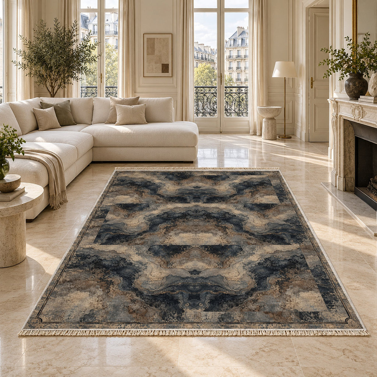 Marble Nocturne Quiet Neutral washable rug on a marble floor