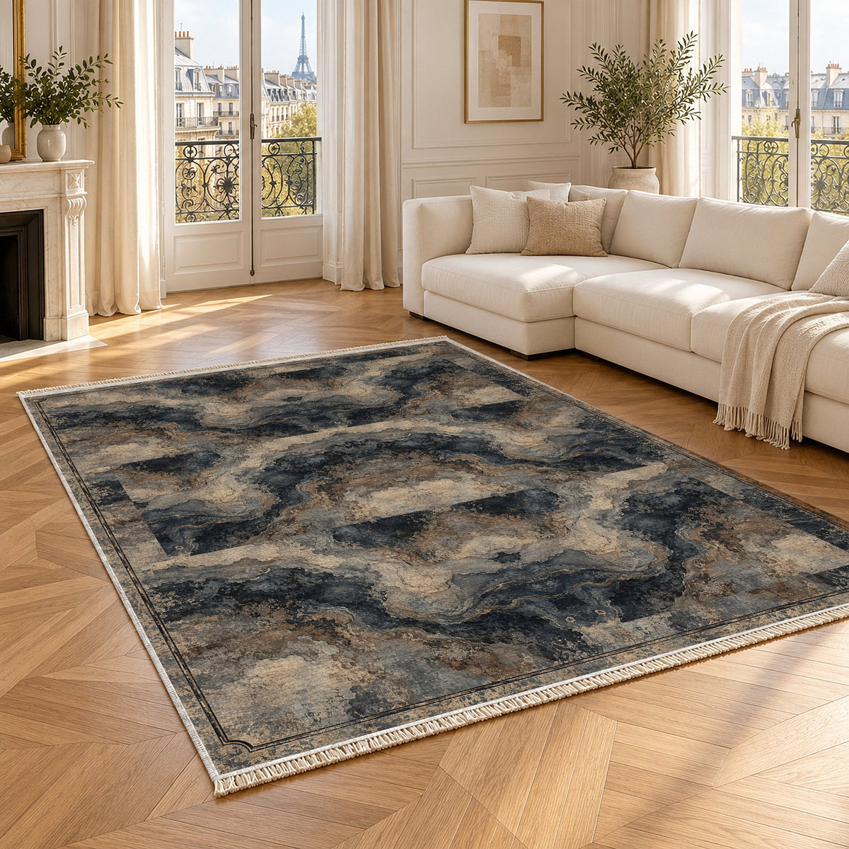 Marble Nocturne Quiet Neutral washable rug angled room view