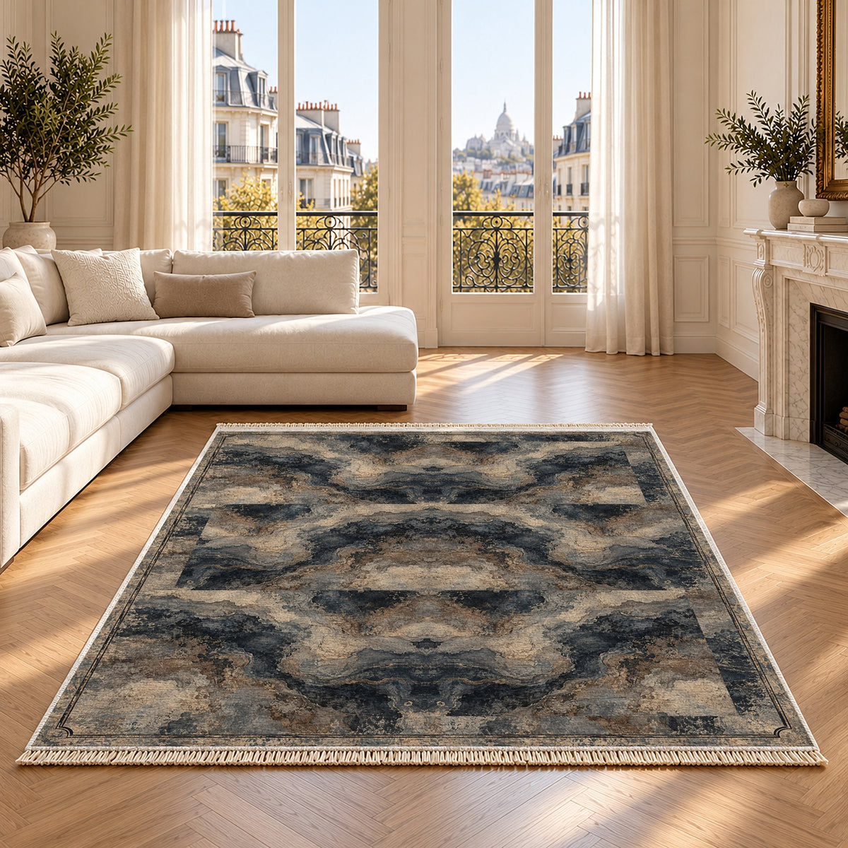 Marble Nocturne Quiet Neutral washable rug on an oak floor