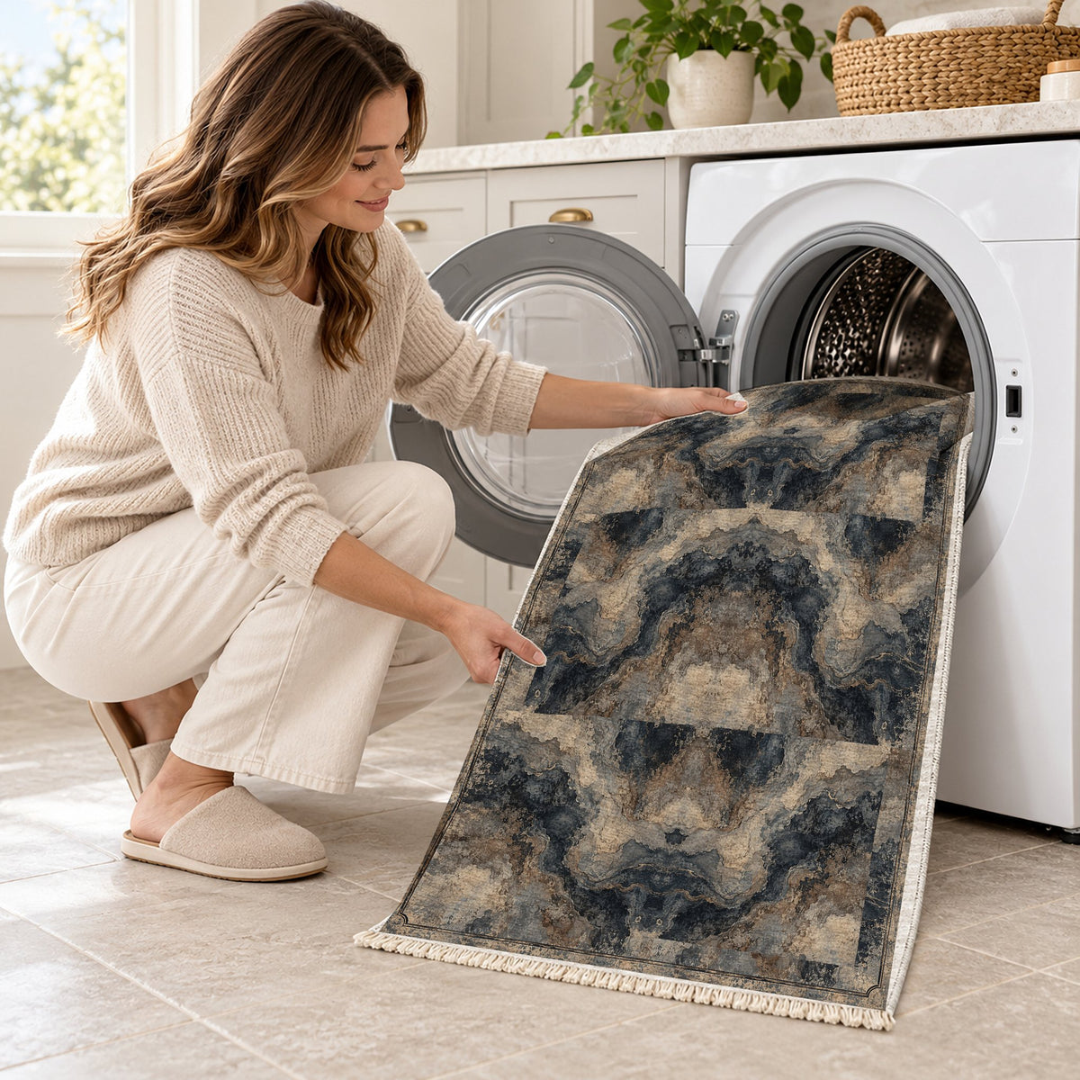 Marble Nocturne Quiet Neutral washable rug being loaded into a washing machine