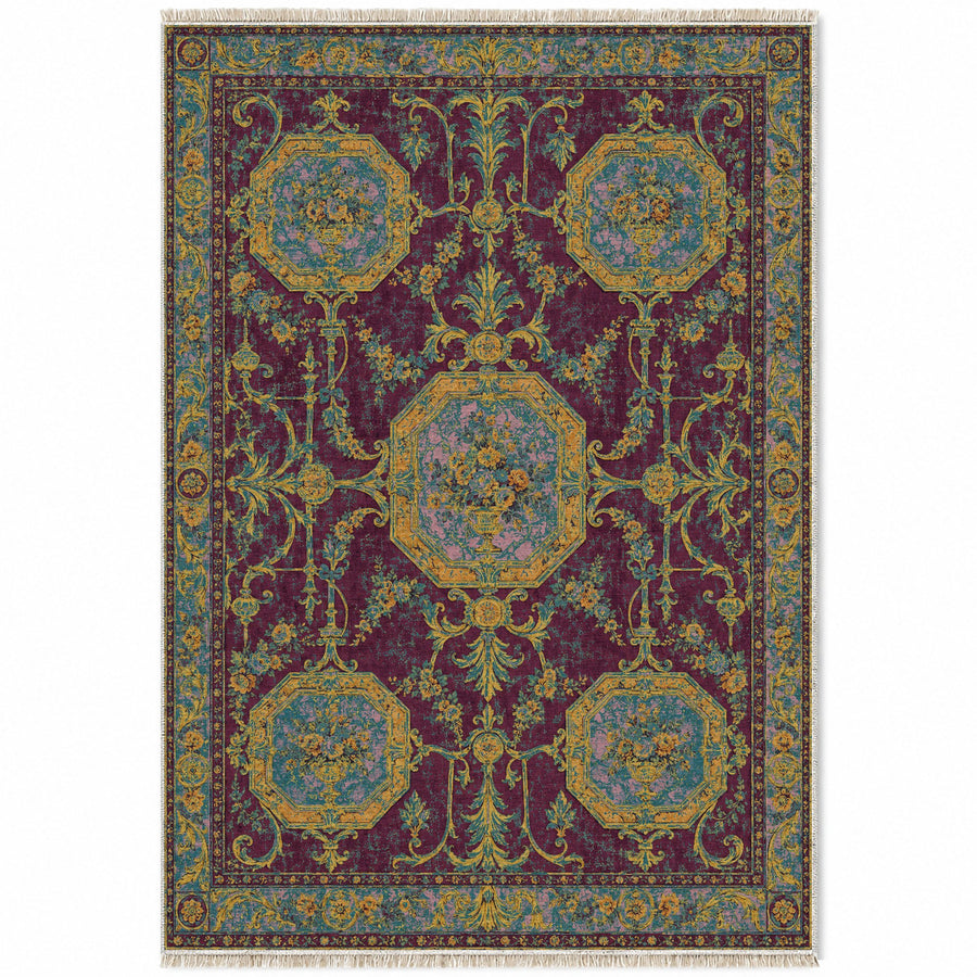 Marble Salon Burgundy & Teal French Aubusson Washable Rug