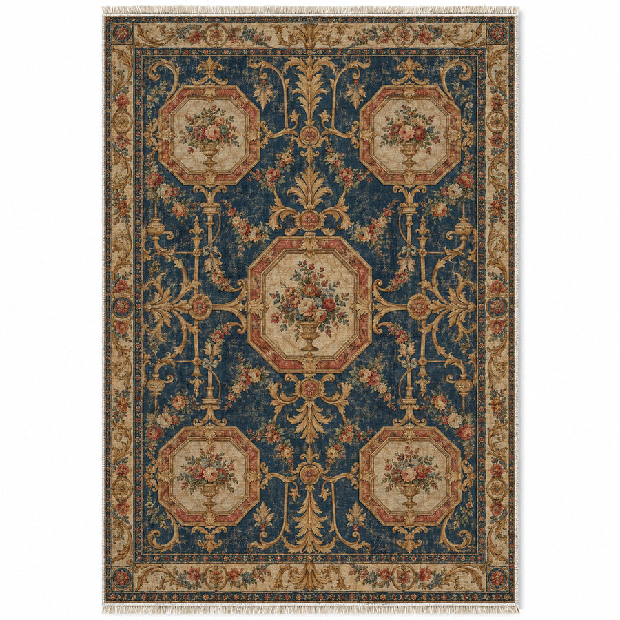 Marble Salon Indigo & Rust French Aubusson Washable Rug