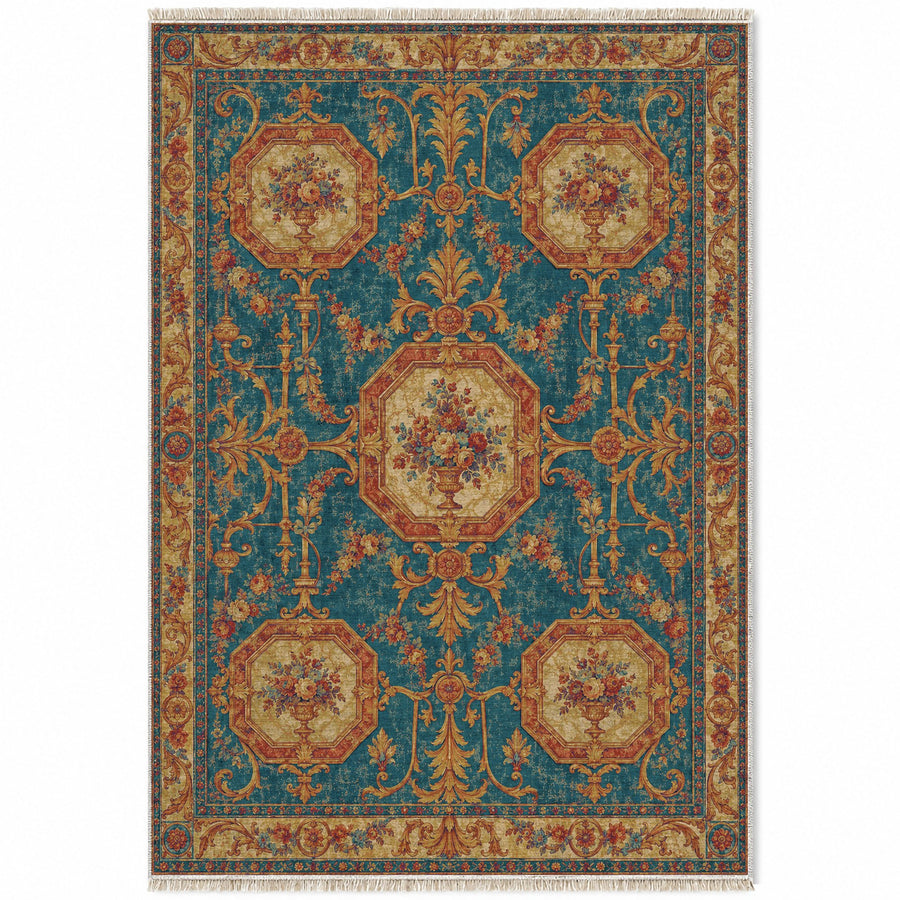 Marble Salon Peacock & Ochre French Aubusson Washable Rug
