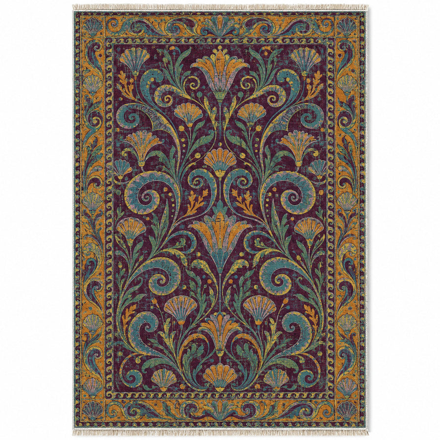 Marine Garden Burgundy & Teal Mediterranean Washable Rug