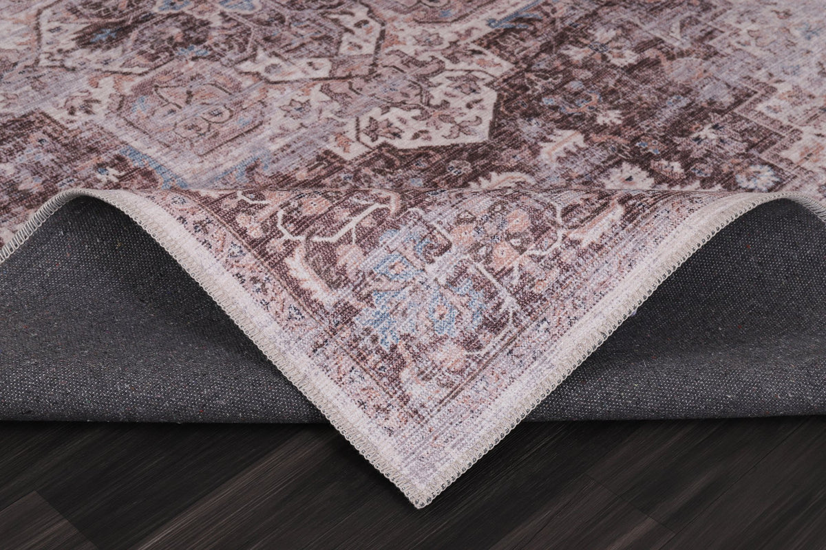 Mauve Grey Faded Medallion Washable Rug pile close-up
