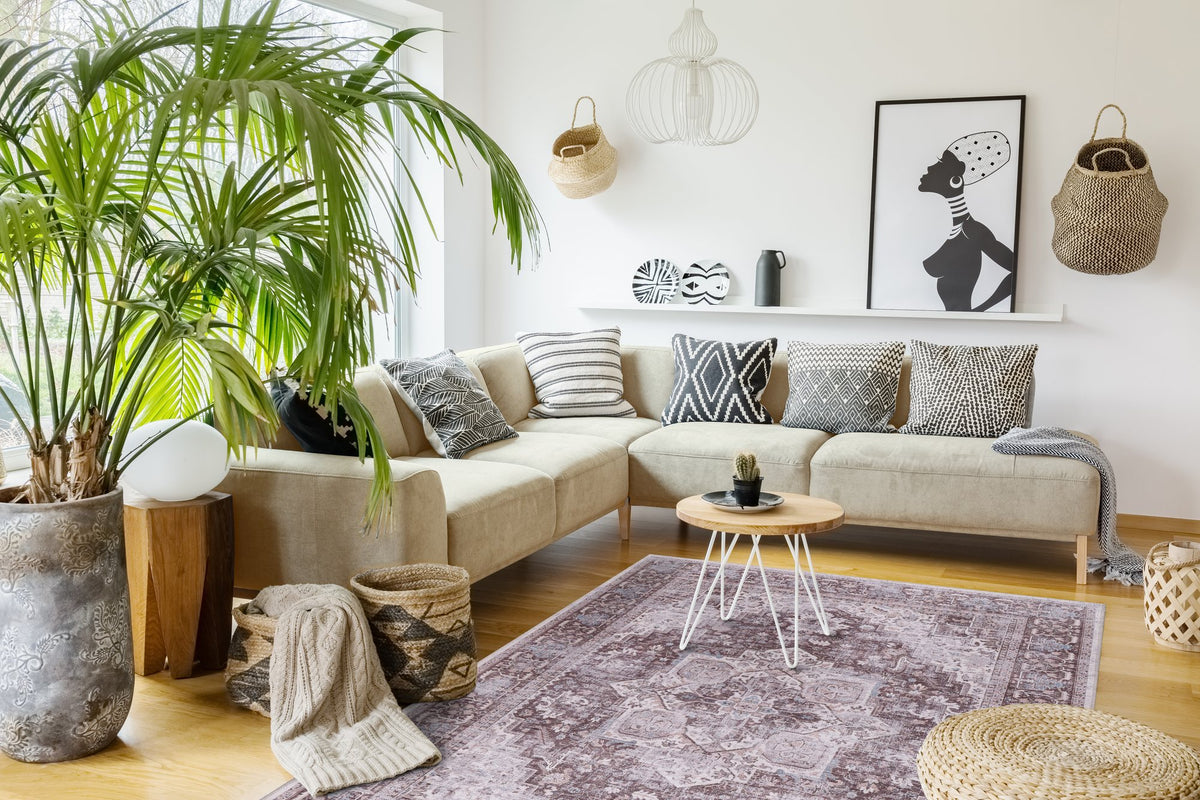 Mauve Grey Faded Medallion Washable Rug in a living room