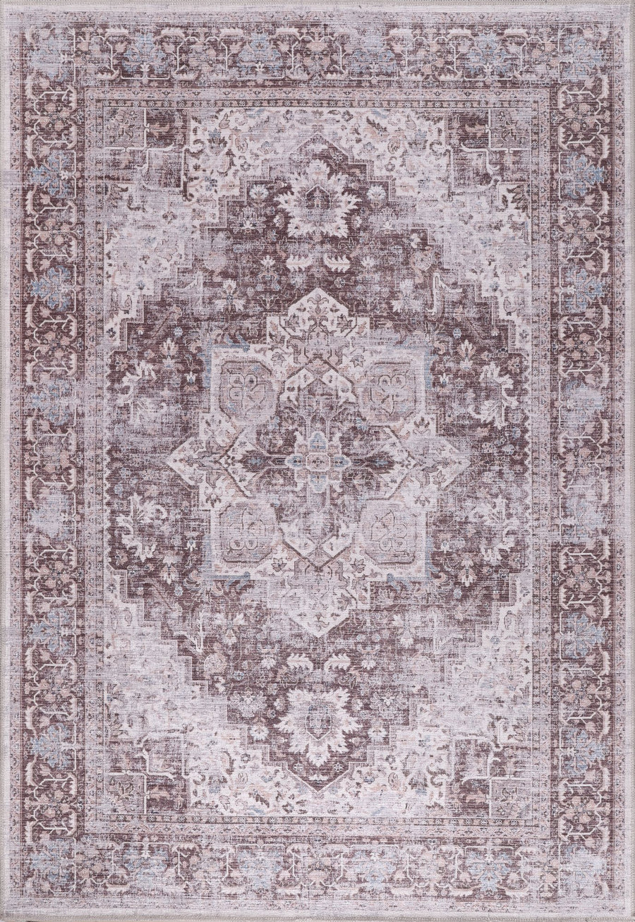 Mauve Grey Faded Medallion Washable Rug | 1311