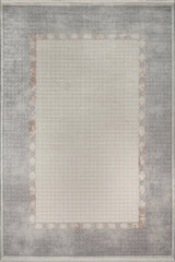 Rectangular area rug with a geometric pattern on a plain background