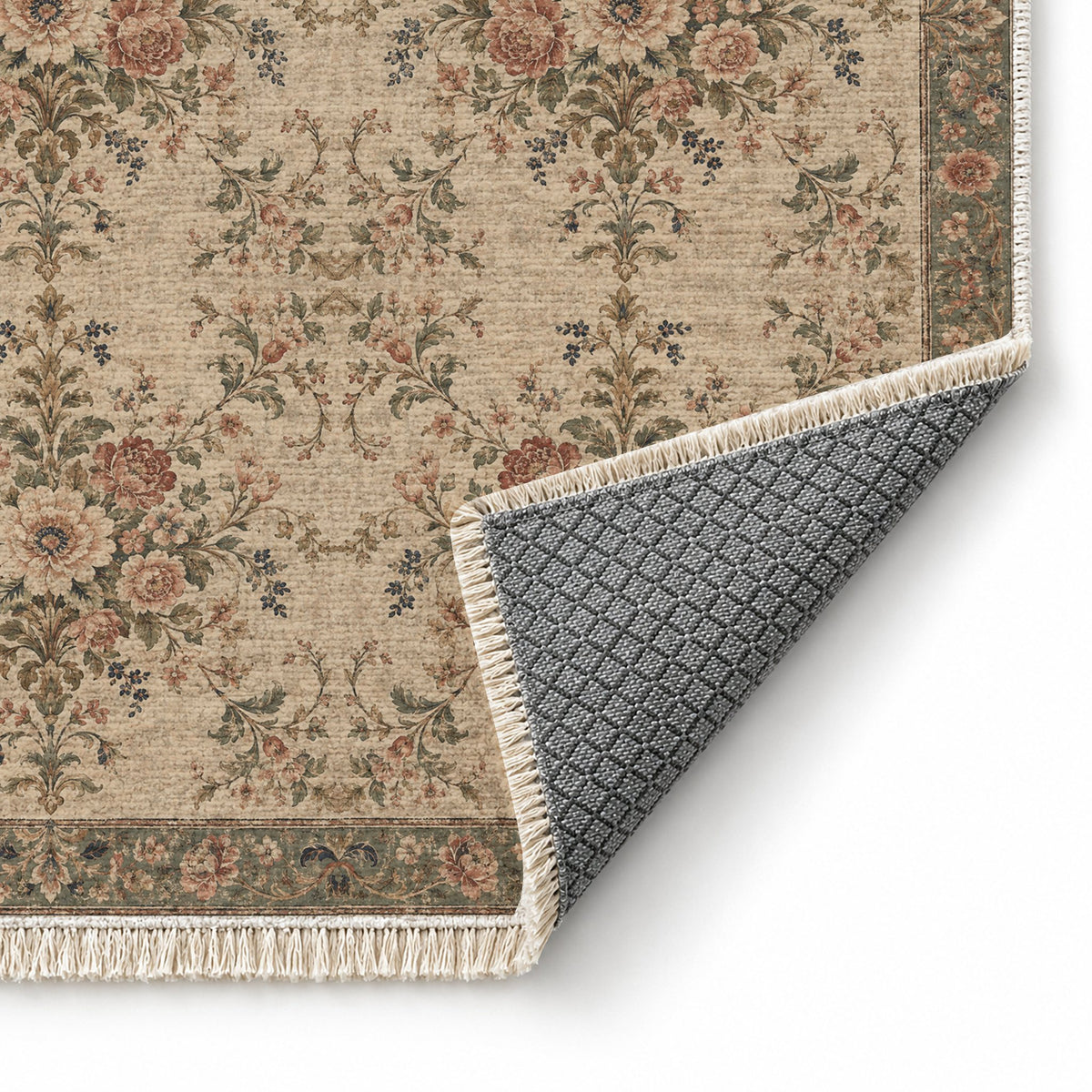 Meadow Heritage Beige & Grey washable rug folded corner showing the backing