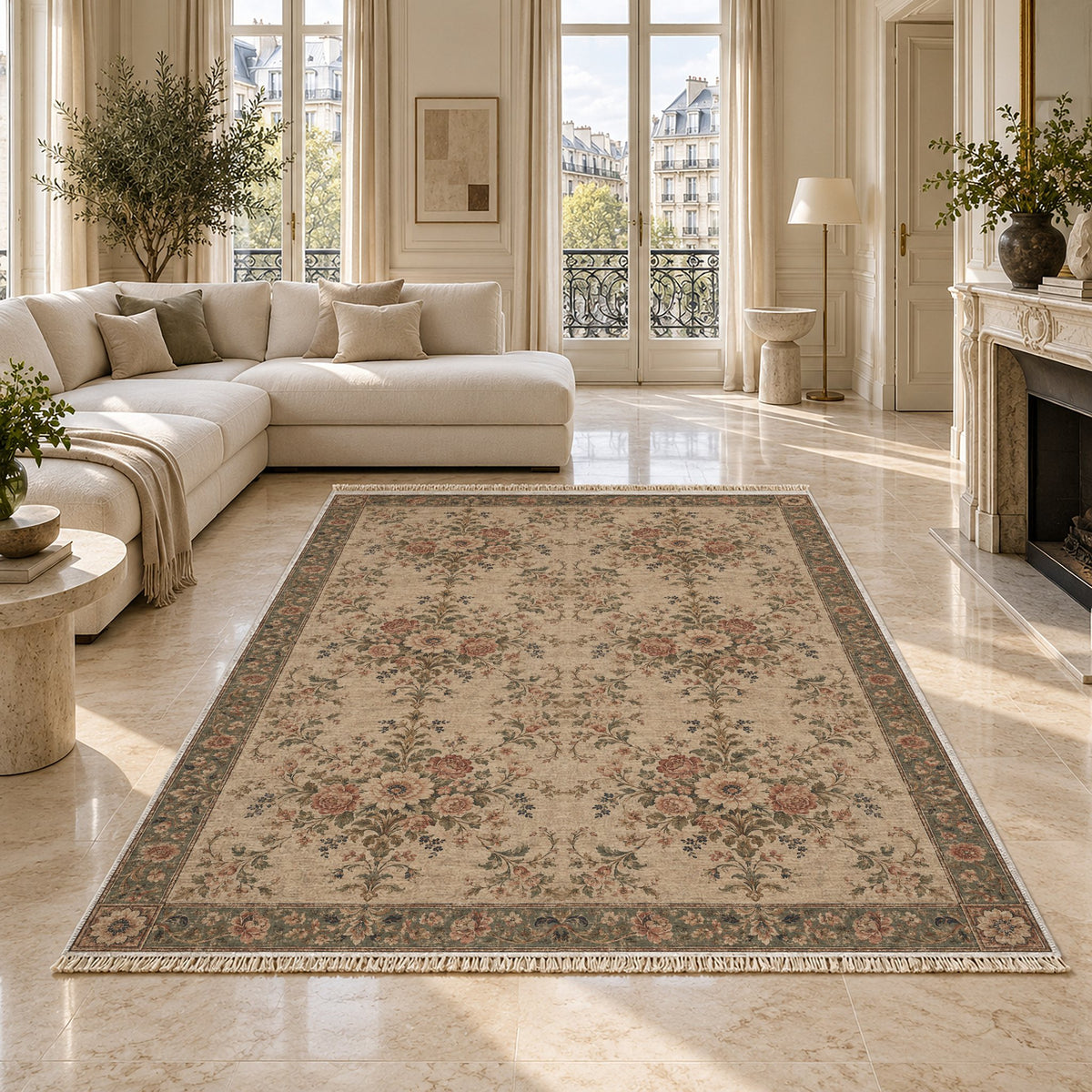 Meadow Heritage Beige & Grey washable rug on a marble floor