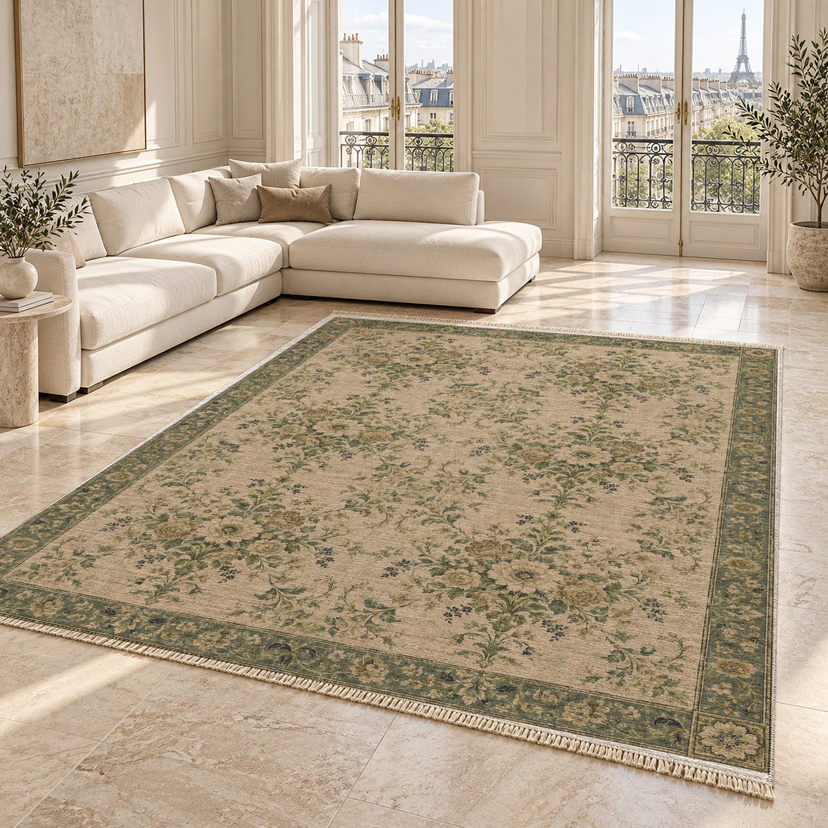 Meadow Heritage Olive & Ochre washable rug angled room view on marble