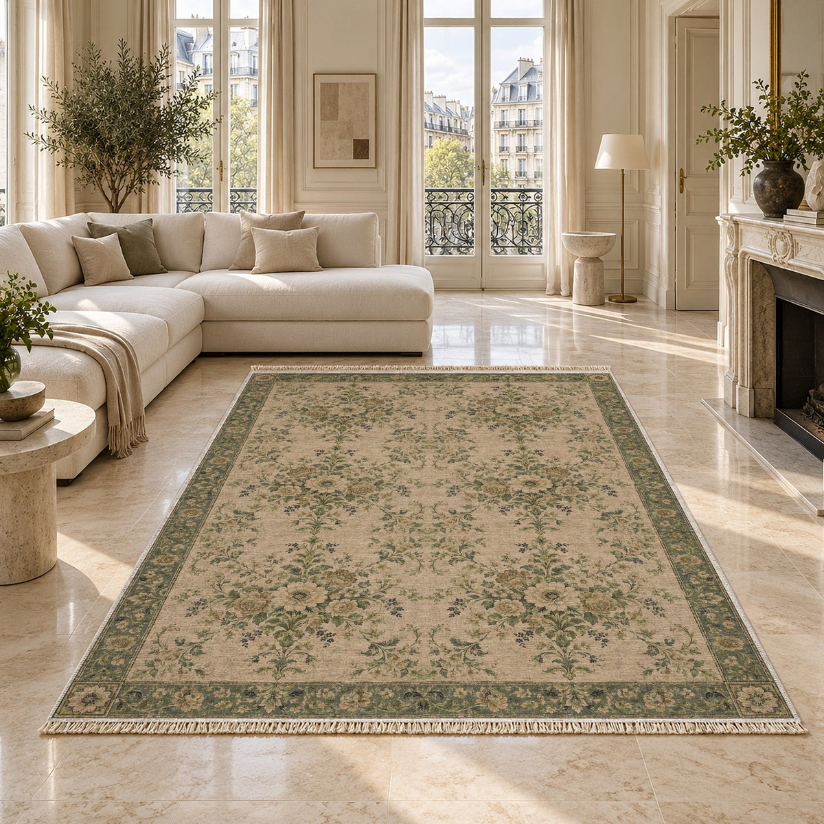 Meadow Heritage Olive & Ochre washable rug on a marble floor