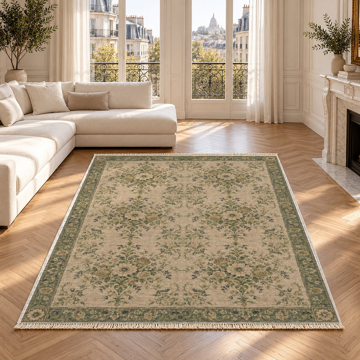 Meadow Heritage Olive & Ochre washable rug in a Paris living room