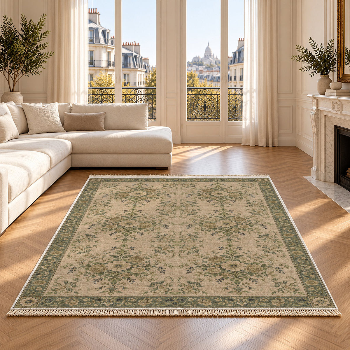 Meadow Heritage Olive & Ochre washable rug on an oak floor