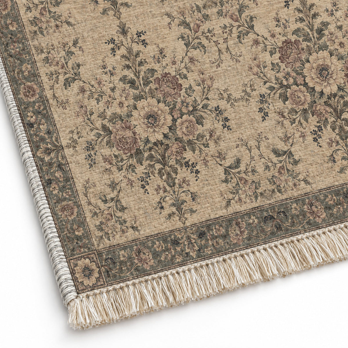 Meadow Heritage Quiet Neutral washable rug close-up of the printed chenille