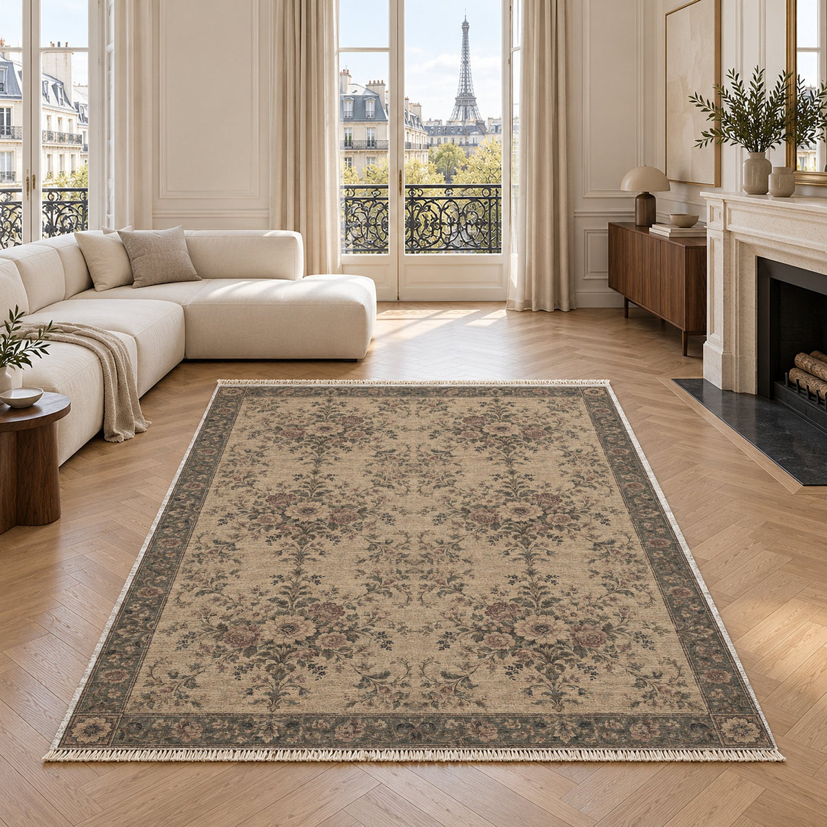 Meadow Heritage Quiet Neutral washable rug in a living room with an Eiffel Tower view