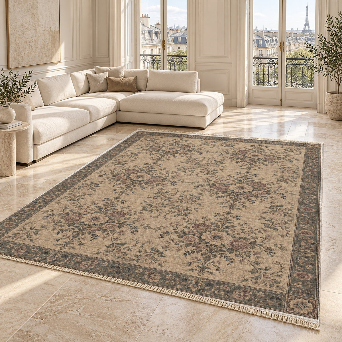 Meadow Heritage Quiet Neutral washable rug angled room view on marble
