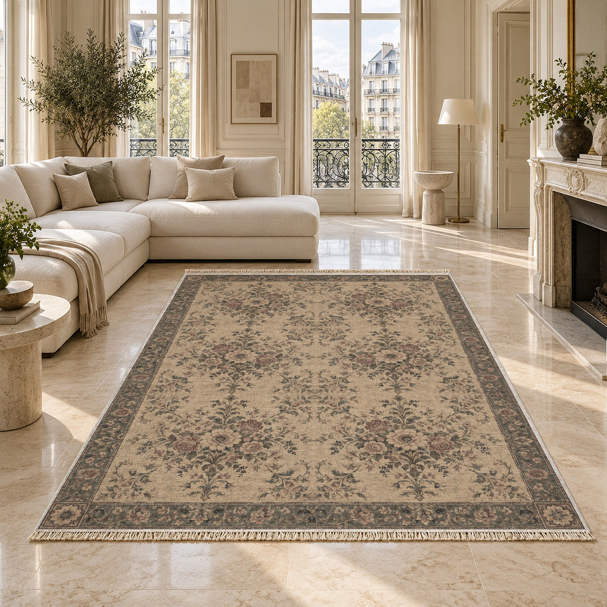 Meadow Heritage Quiet Neutral washable rug on a marble floor