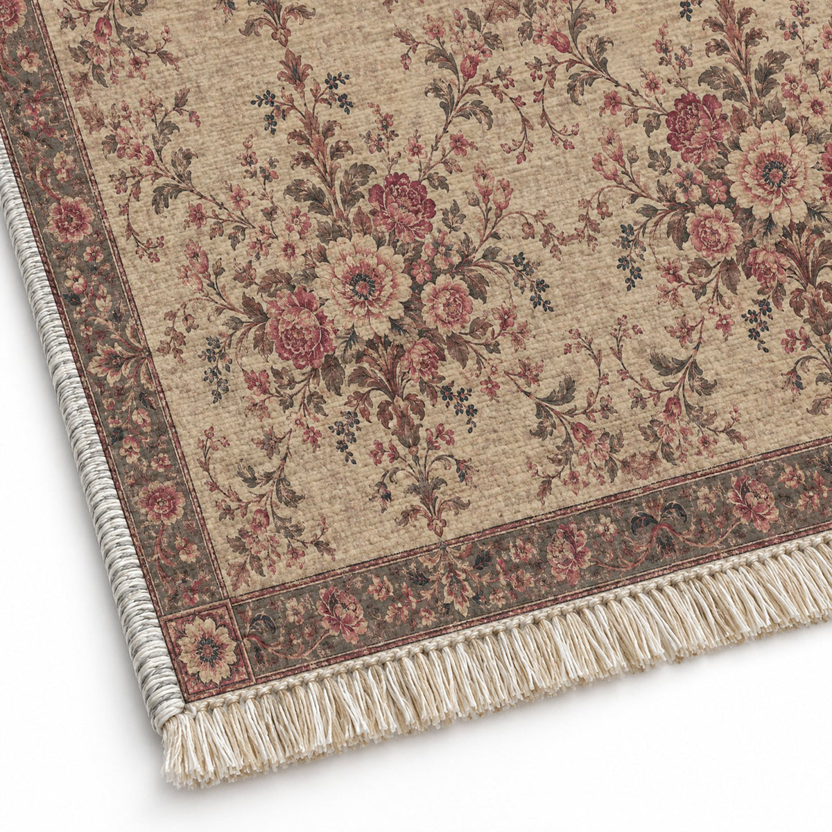 Meadow Heritage Rose & Mineral washable rug close-up of the printed chenille