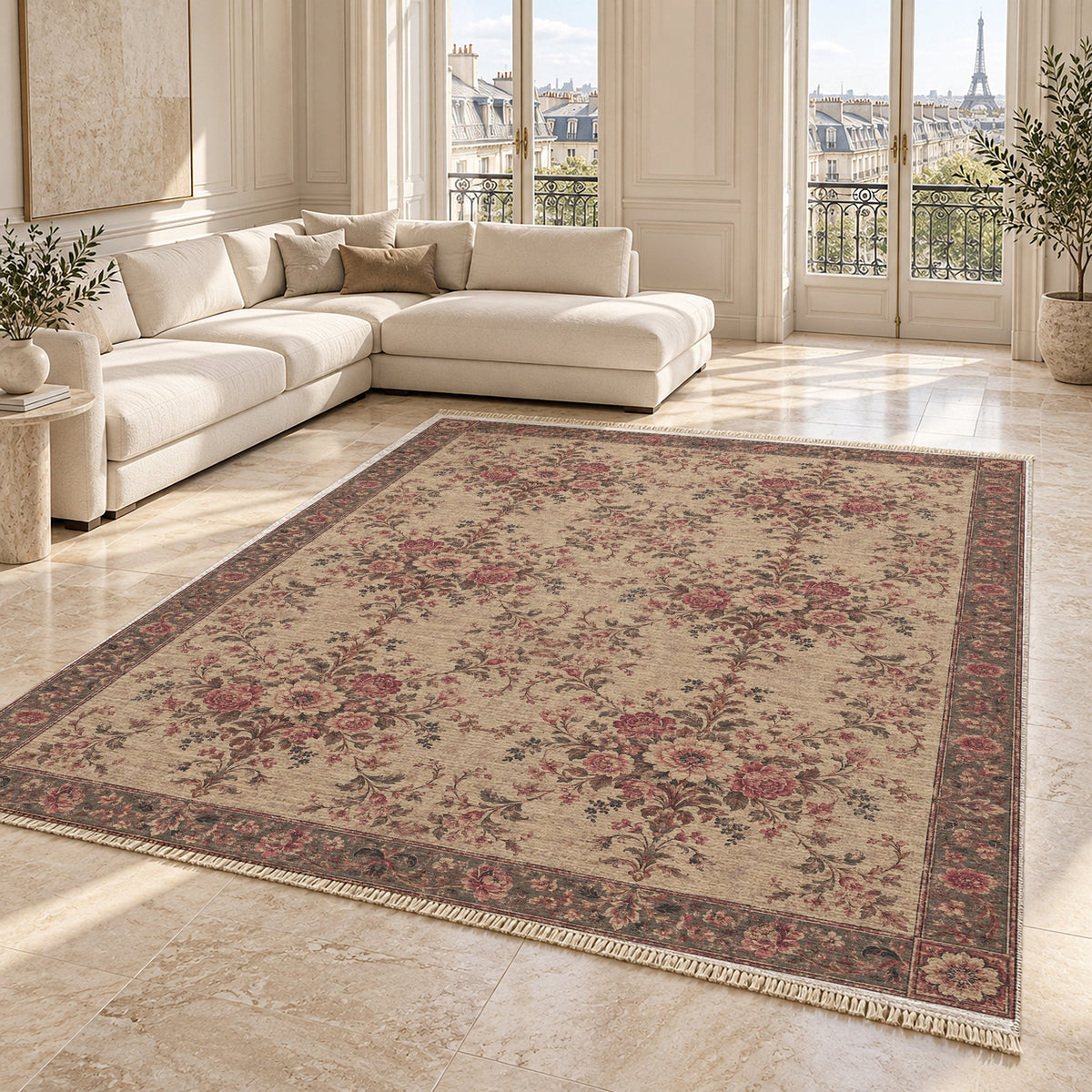 Meadow Heritage Rose & Mineral washable rug angled room view on marble