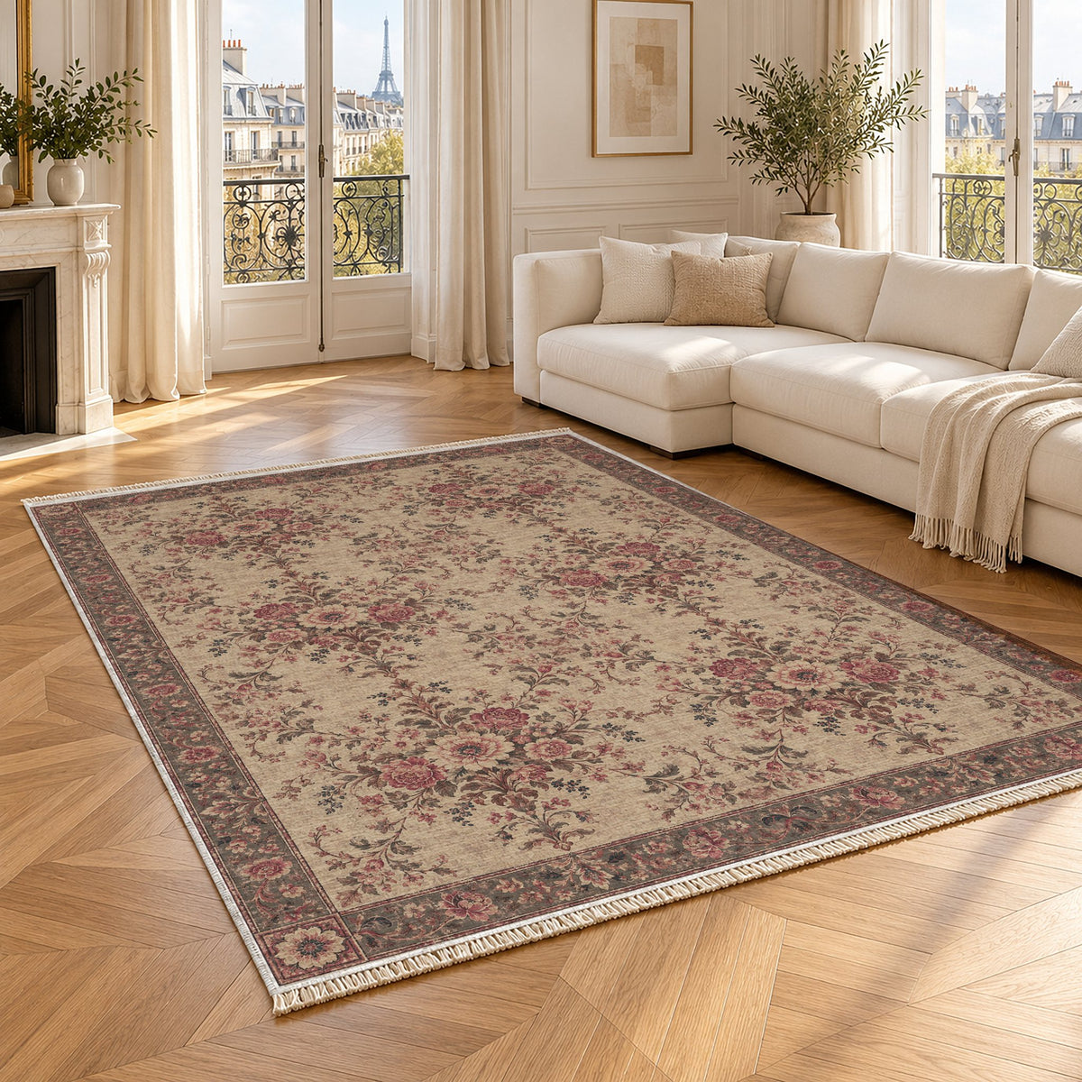 Meadow Heritage Rose & Mineral washable rug angled room view
