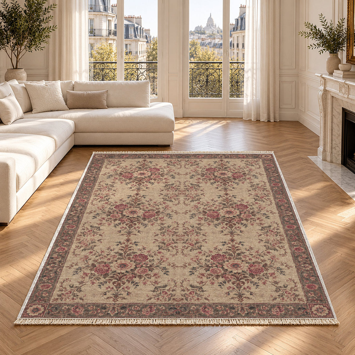Meadow Heritage Rose & Mineral washable rug in a Paris living room