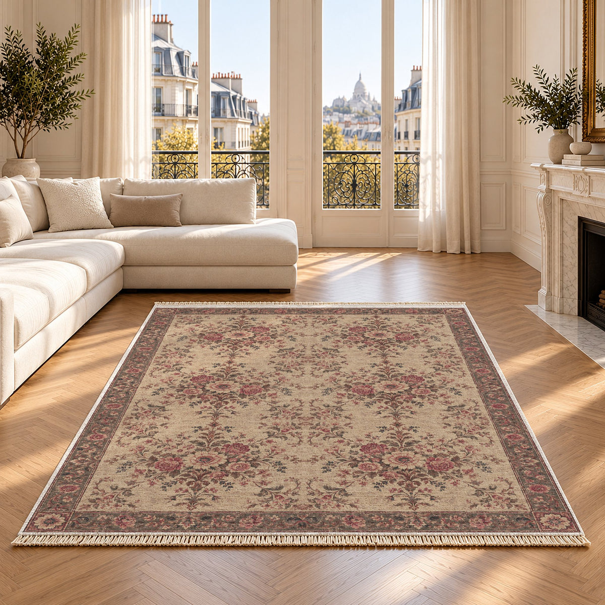 Meadow Heritage Rose & Mineral washable rug on an oak floor