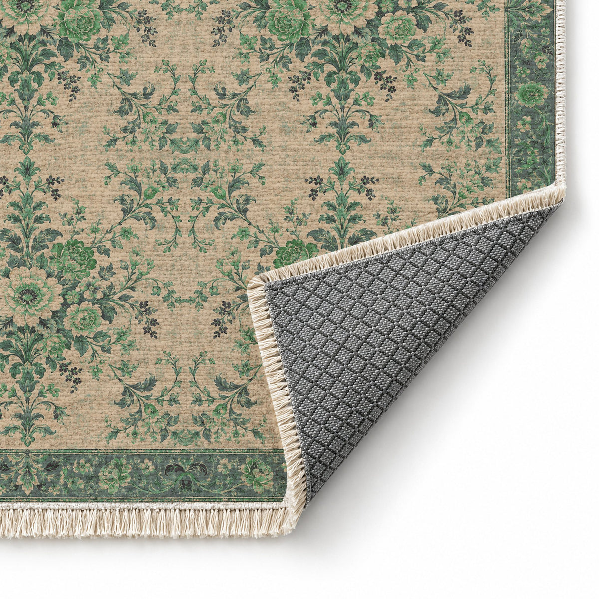 Meadow Heritage Teal & Plum washable rug folded corner showing the backing