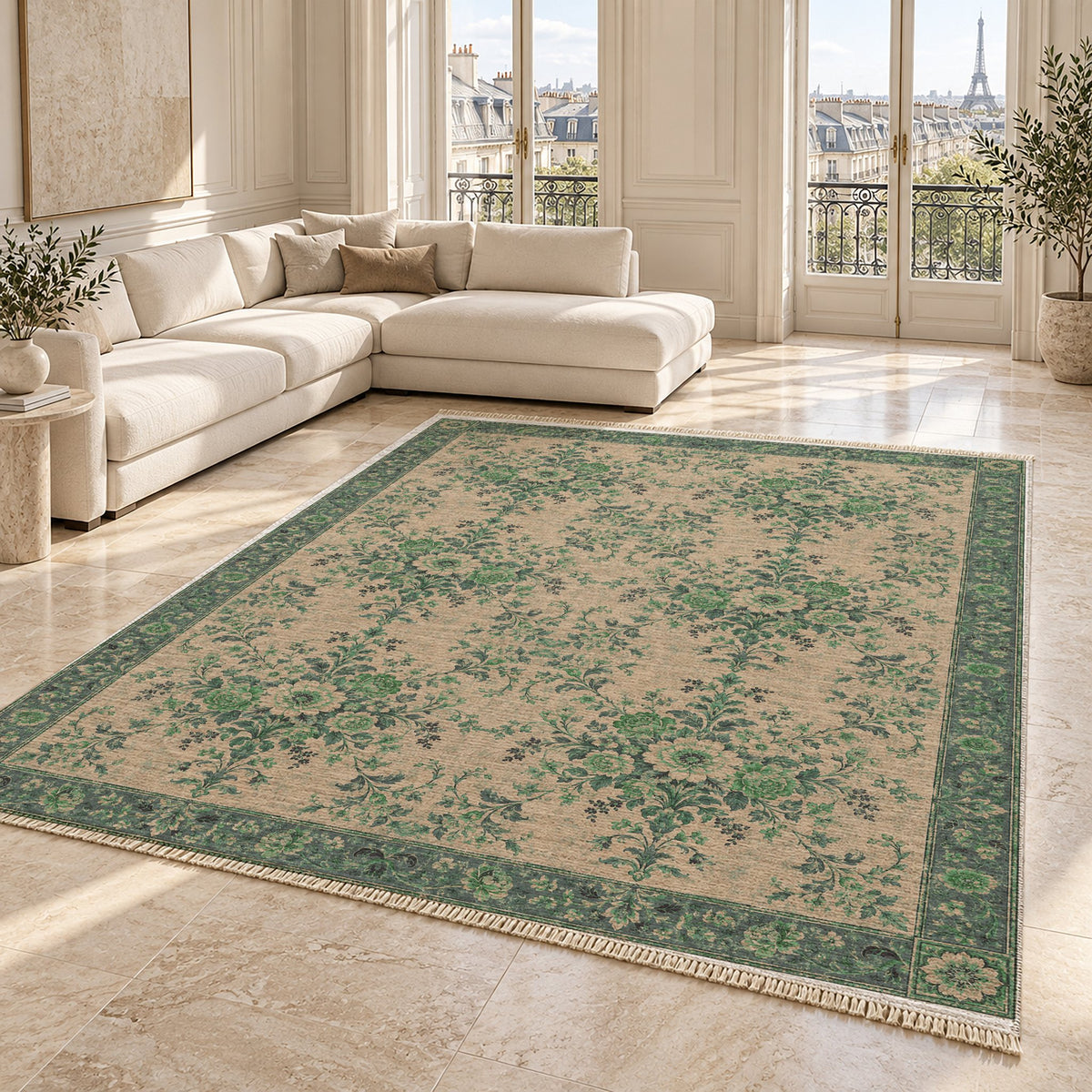 Meadow Heritage Teal & Plum washable rug angled room view on marble