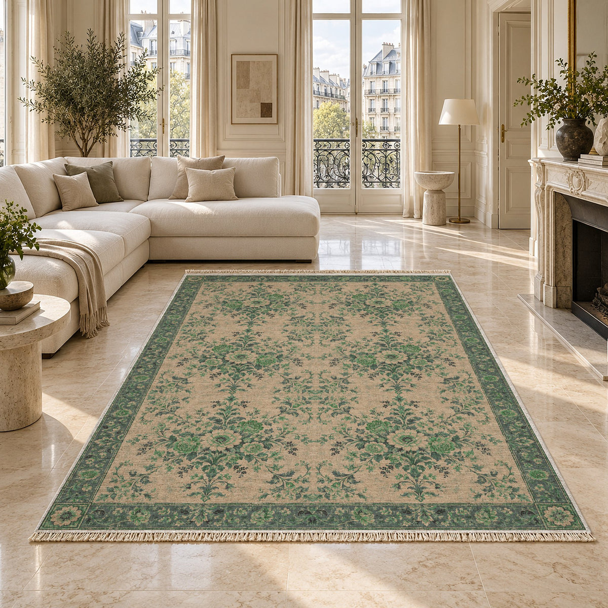 Meadow Heritage Teal & Plum washable rug on a marble floor