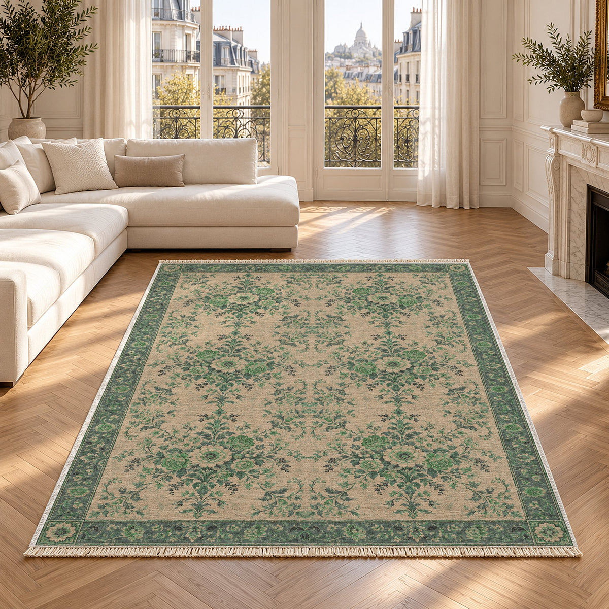 Meadow Heritage Teal & Plum washable rug in a Paris living room