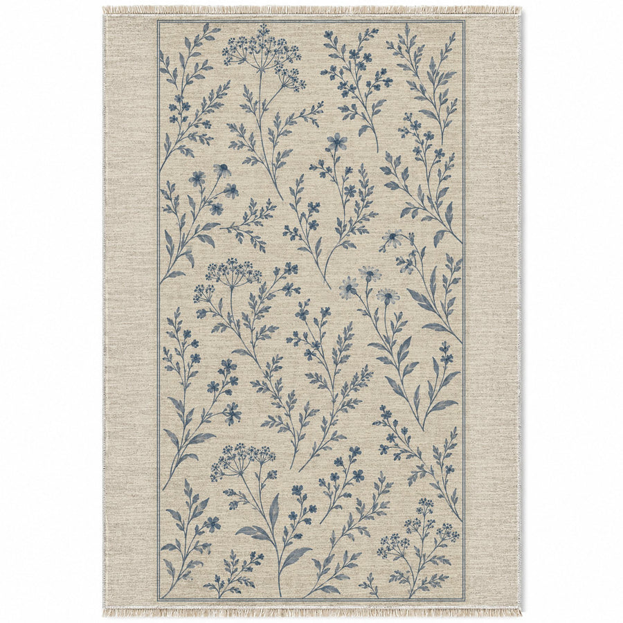 Meadow Sprigs Ivory & Dusty Blue Botanical Washable Rug