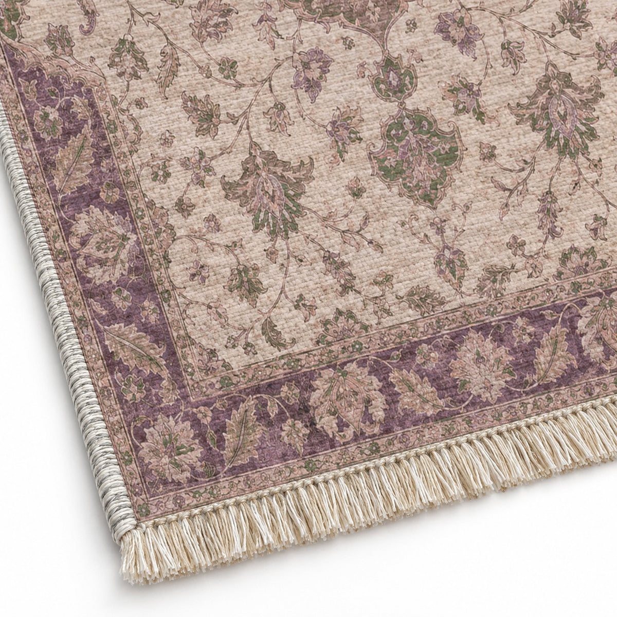 Medallion Reverie Rose & Olive washable rug close-up of the printed chenille