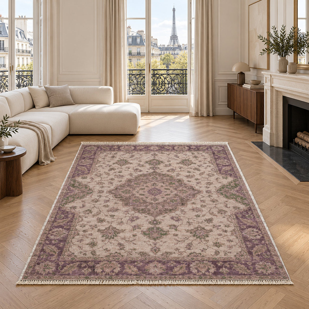 Medallion Reverie Rose & Olive washable rug in a living room with an Eiffel Tower view