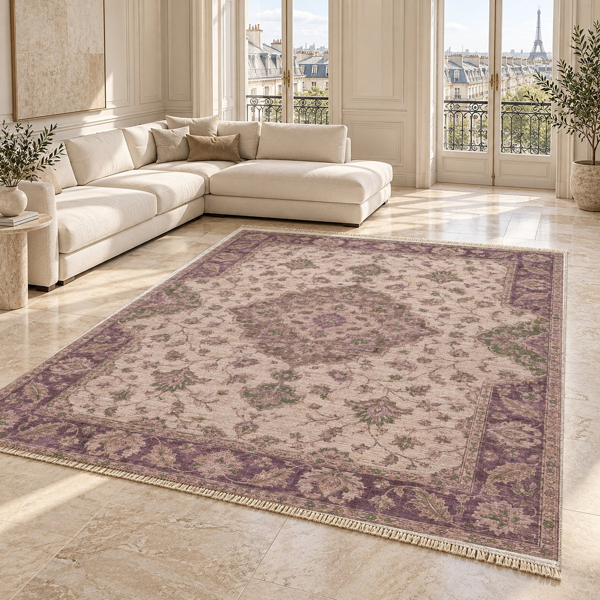 Medallion Reverie Rose & Olive washable rug angled room view on marble