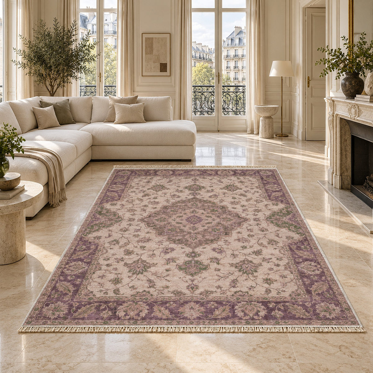 Medallion Reverie Rose & Olive washable rug on a marble floor