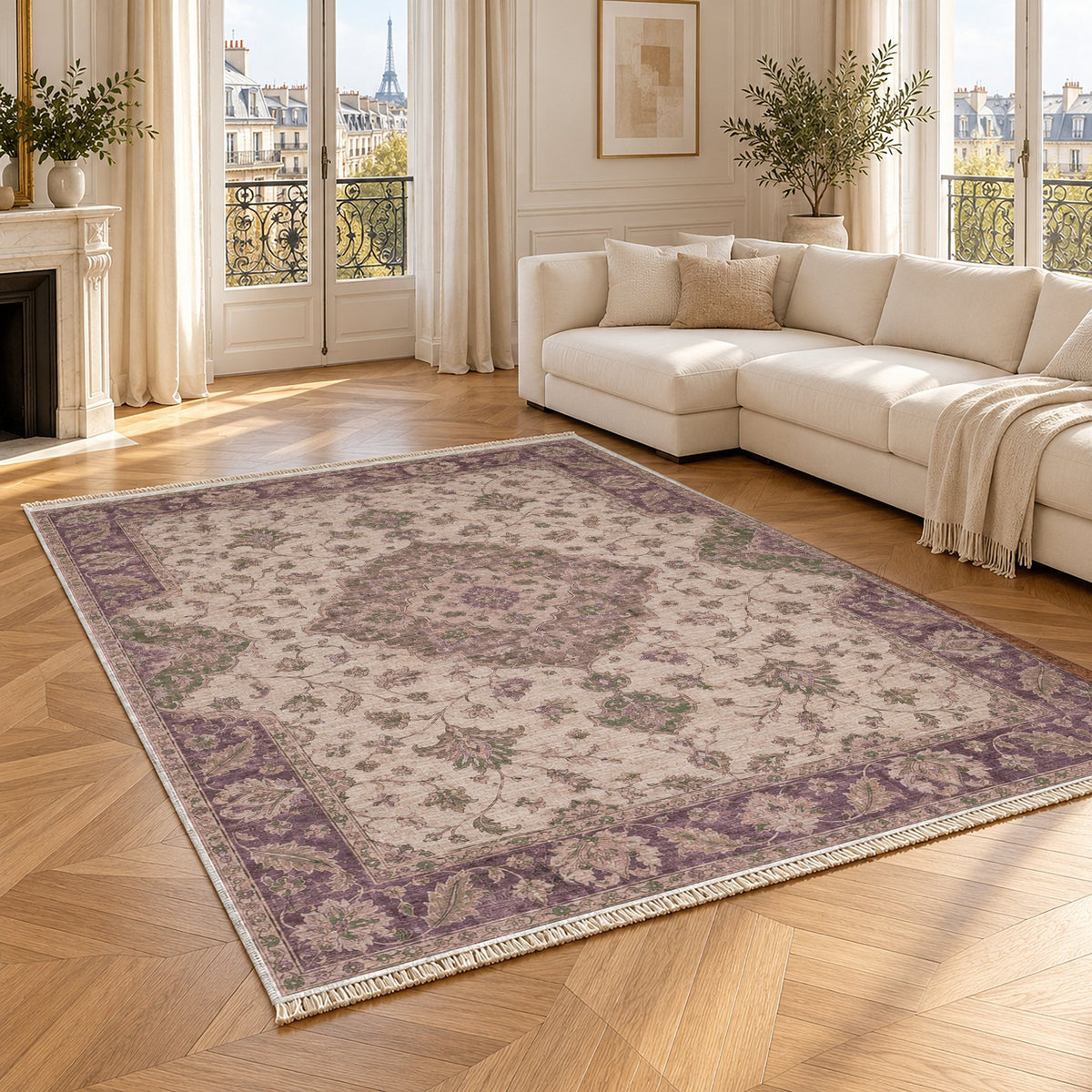 Medallion Reverie Rose & Olive washable rug angled room view