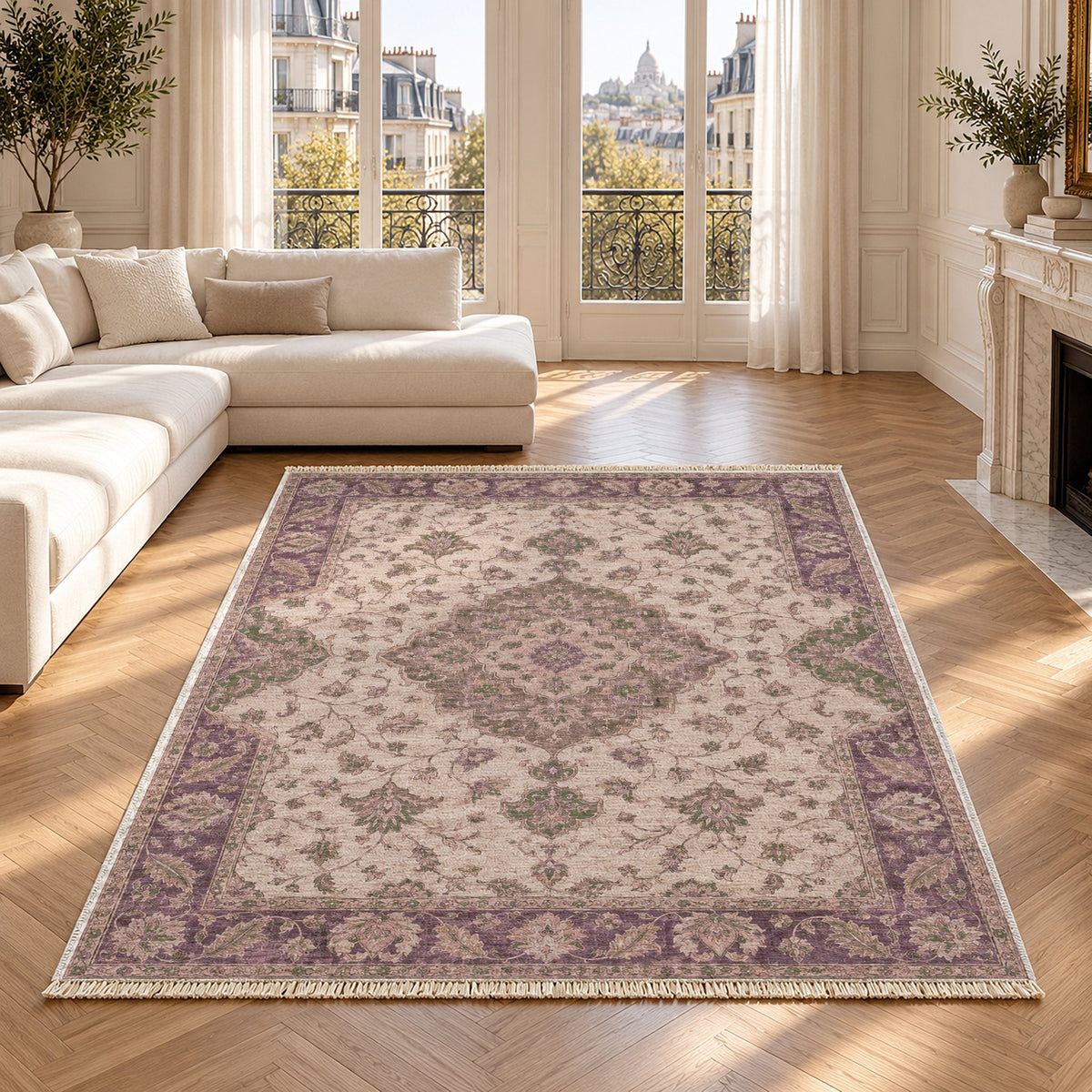 Medallion Reverie Rose & Olive washable rug in a Paris living room