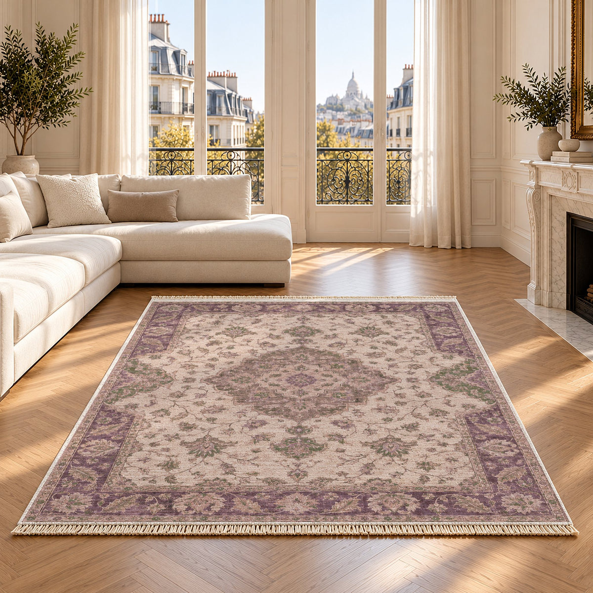 Medallion Reverie Rose & Olive washable rug on an oak floor