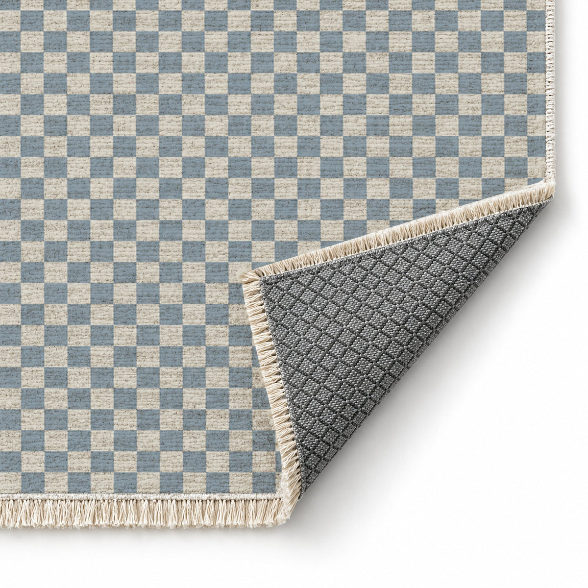Micro Check Ivory & Dusty Blue washable rug folded corner showing the backing
